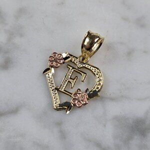 Womens 10K Yellow & Rose Gold Initial Letter " E "  Heart Pendant 0.9g E3175